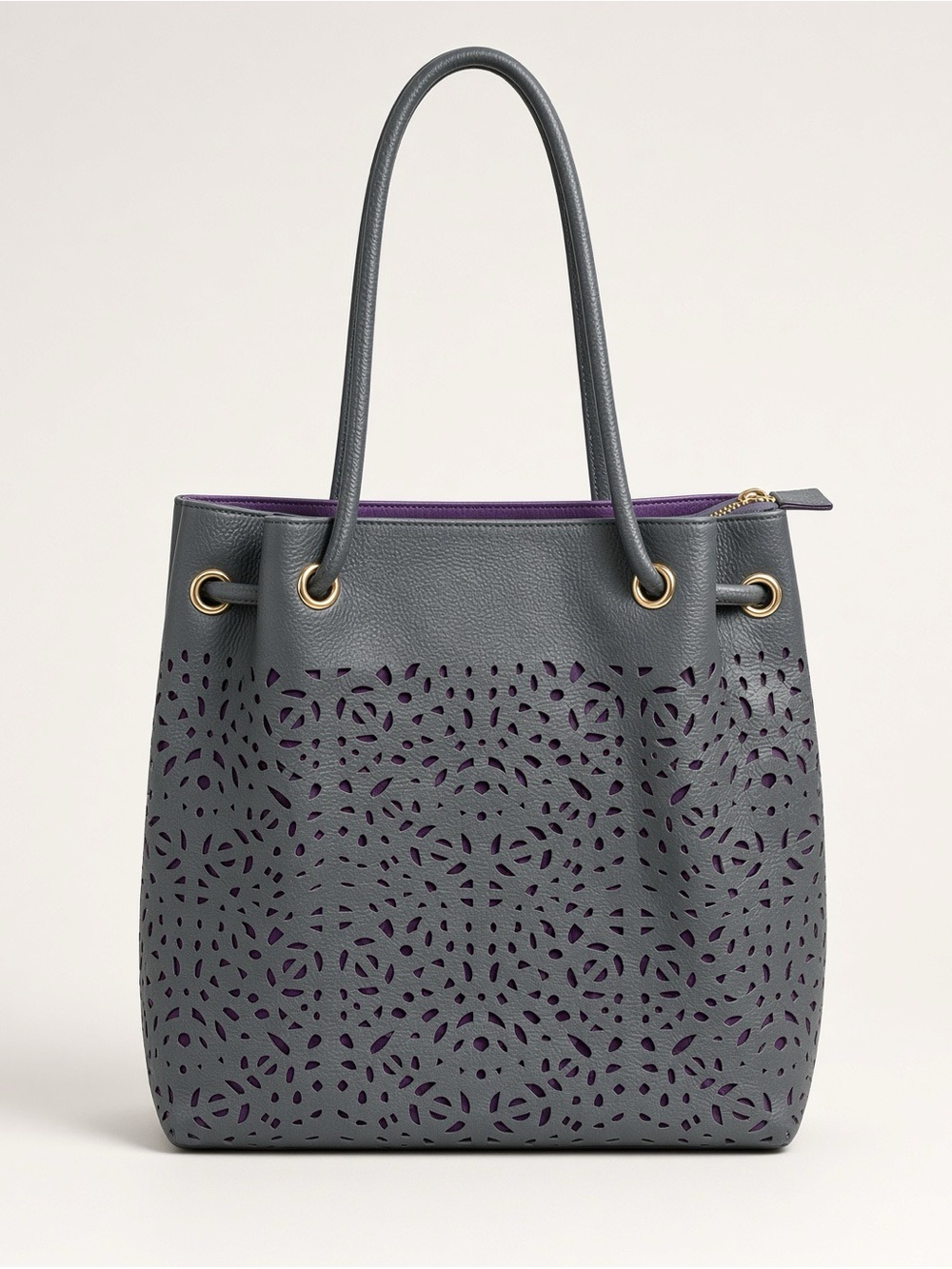 Laser-Cut Bucket Tote in Dark Gray with Gold Hardware